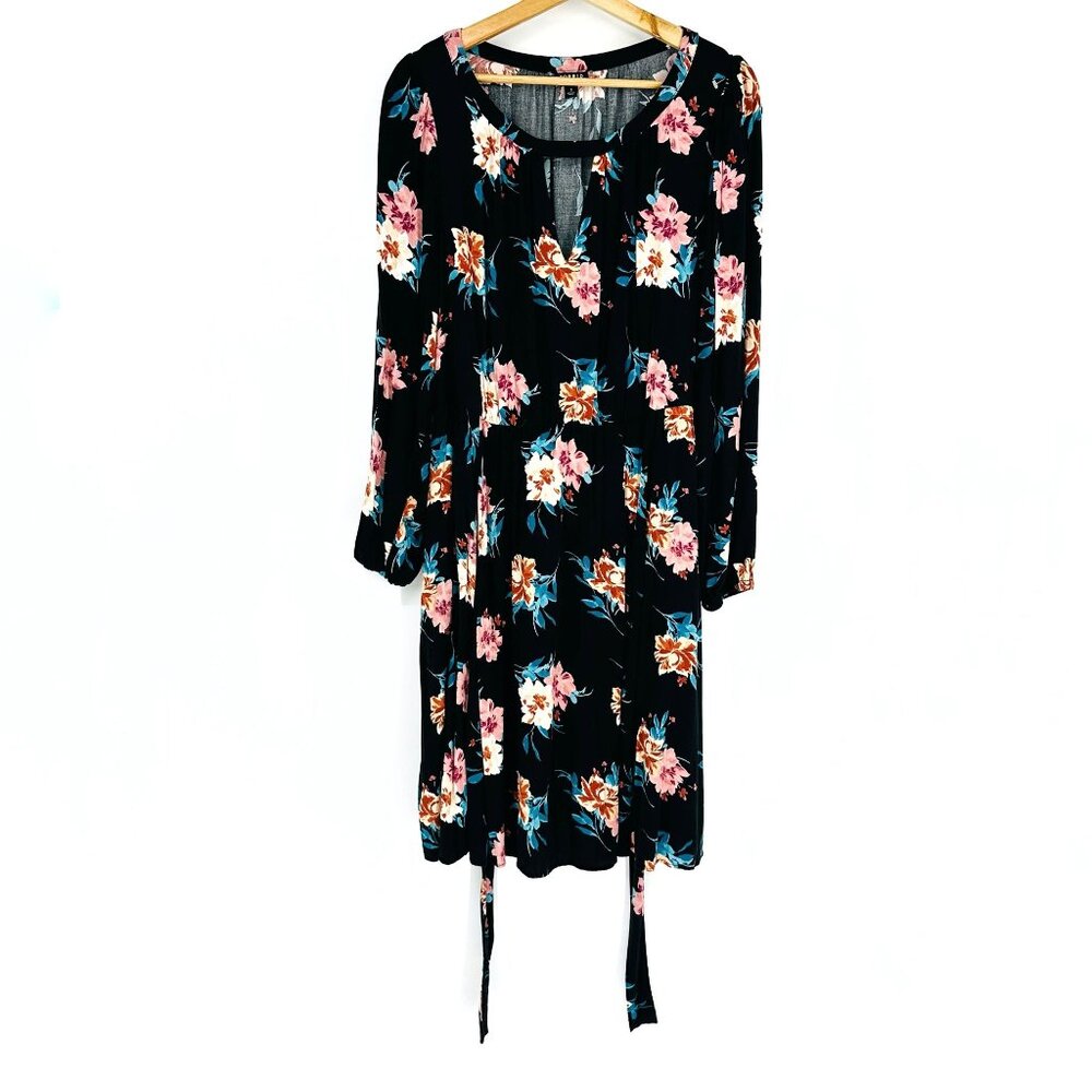 Torrid Black Multi Floral Mini Stretch Challis Tie Waist Pocket Dress Plus 1X - Picture 4 of 12
